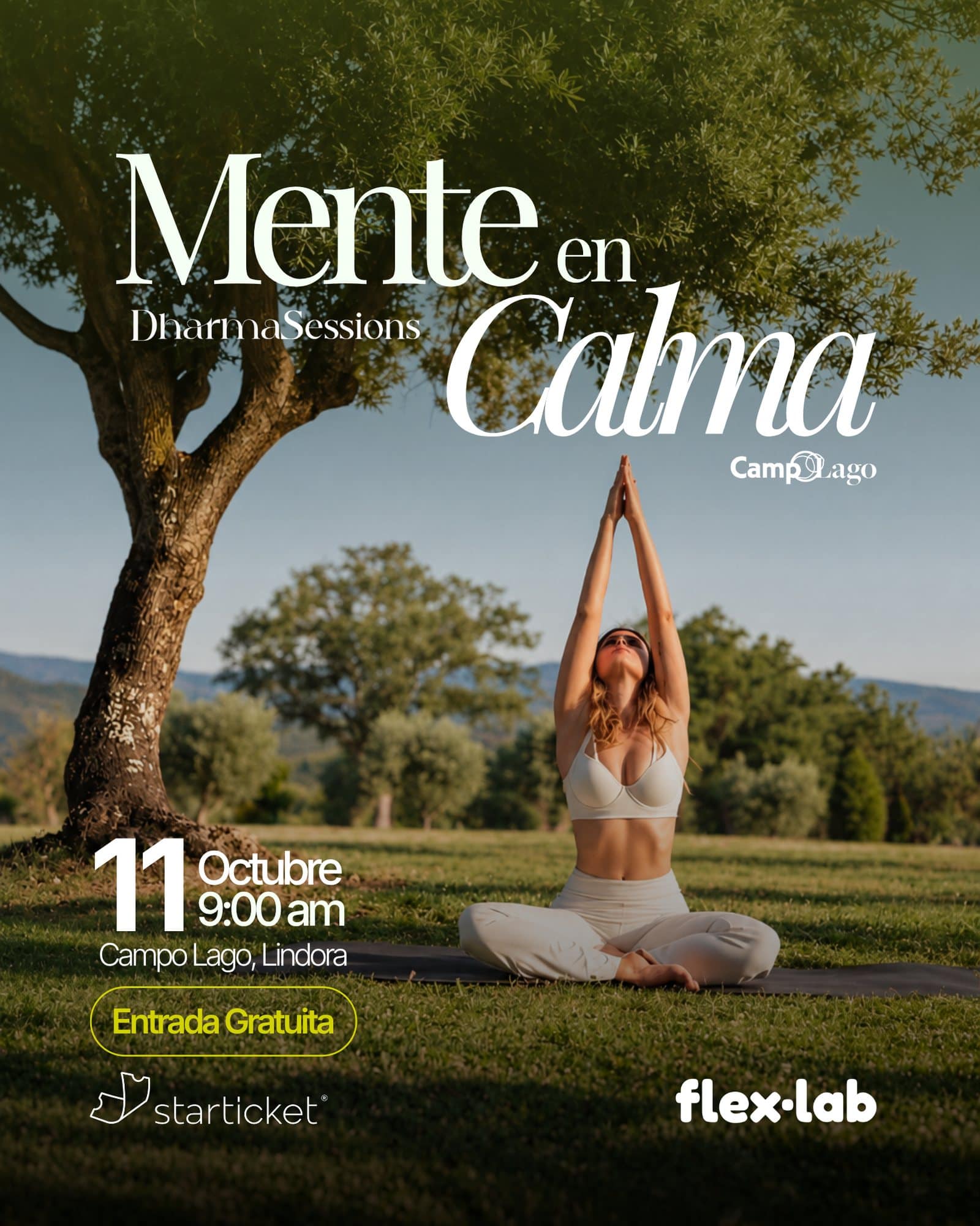 Afiche de Mente en Calma — DharmaSessions con Flex-Lab en Campo Lago